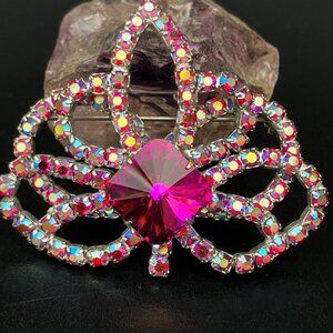 Fuchsia Pink Aurora Borealis Ravioli Rhinestone Flower Brooch